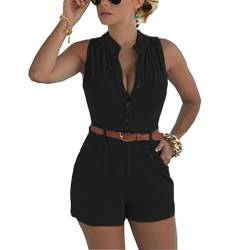 Fudaolee Jumpsuits Damen Sommer Kurz Playsuit V-Ausschnitt Bequem Strand Spielanzug Elegant Einteiler Overalls Hose Elastische Taille M, Schwarz von Fudaolee