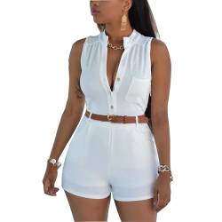 Fudaolee Jumpsuits Damen Sommer Kurz Playsuit V-Ausschnitt Bequem Strand Spielanzug Elegant Einteiler Overalls Hose Elastische Taille M, Weiß von Fudaolee