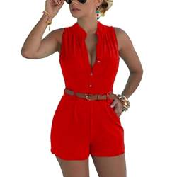 Fudaolee Jumpsuits Damen Sommer Kurz Playsuit V-Ausschnitt Bequem Strand Spielanzug Elegant Einteiler Overalls Hose Elastische Taille S, Rot von Fudaolee