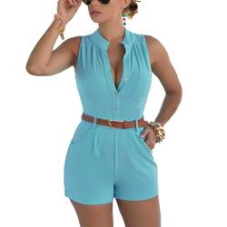 Fudaolee Jumpsuits Damen Sommer Kurz Playsuit V-Ausschnitt Bequem Strand Spielanzug Elegant Einteiler Overalls Hose Elastische Taille XL, Hellblau von Fudaolee