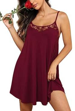 Fudaolee Nachthemd Damen Sexy Nachtkleid Ärmellos Babydoll Nachthemden Spitze Nachtwäsche Schultergurte Unterkleider Kurz Spaghettiträger Kleid Weinrot S von Fudaolee