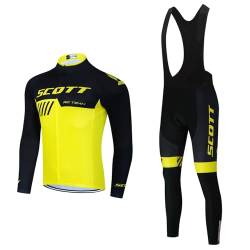 Fueegue Fahrradbekleidung Set, Herren Langarm Radsportanzüge Radtrikot Set Radfahren Kleidung Langärmeliges Fahrradtrikot Herbst/Winter mit Thermofleecefutter Radhose mit Sitzpolster Scott-Gelb 3XL von Fueegue