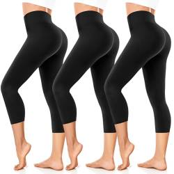 FuelMeFoot Damen 3/4 Leggings Capri 3er Pack High Waist Schwarz Leggins Sommer Blickdicht Yogahose für Sport Gym Lauf. B1-Schwarz/Schwarz/Schwarz S/M von FuelMeFoot