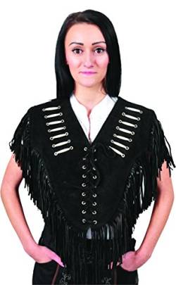 Western Collar Leder Poncho Damen mit Fransen Straßenkarneval Wildleder verziert - XS - 2XL lang- 3 Farben- Schwarz, hell Braun, Cognac (XL, Schwarz) von Fuente Leather Wears