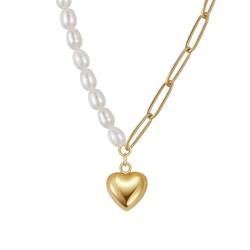 Süßwasser-Perlen Halskette für Frauen 925 Sterling Silber 14K Gold plattiert Herz Anhänger Halskette für Geburtstag Jahrestag Tag Geschenk mit Echtheitszertifikat von FuigeBach