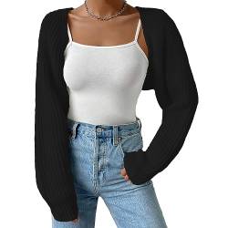 Fuimsul Frauen Offene Front Gerippt Strick Crop Bolero Drop Schulter Langarm Solide Lose Fit Gestrickte Crop Cardigan Shrug, Schwarz, Klein von Fuimsul