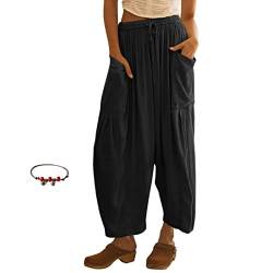 Fujimint Quinn Plus Size Pants, Quinn Pants For Women Linen Pants With Pockets Summer Harem Pants Boho Beach Pants (Black, Large) von Fujimint