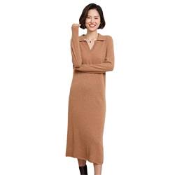 100% Kaschmir Pullover Langes Kleid Damen Langarm Strickkleider Einfarbig, Gold Khaki, M von Fulbant