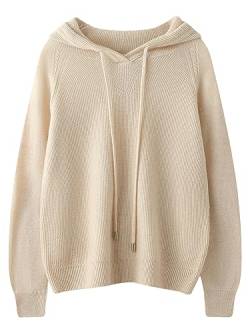 2023 Winter Frauen Solide 100% Wolle Pullover Hoodie Oansatz Damen Langarm Weiche Strickwaren beige XL von Fulbant