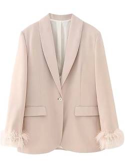 Fulbant 2023 Frau Rosa Knopf Blazer Jacke Mit Federn Langarm Anzüge Frühlingsjacken Pink Blazer S von Fulbant