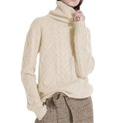 Fulbant Damen Winter Kaschmir Pullover Wolle Strickhose Langarm Dicker Lose Rollkragen Pullover, beige, M von Fulbant