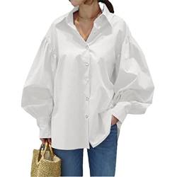 Fulbant Frauen Vintage Ballon Ärmel Bluse Baumwolle Oversized Casual Weiß Boyfriend Shirts, weiß, X-Large von Fulbant