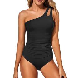 Fulidngzg Badeanzug Damen One Shoulder Stylisch Bademode Sportbadeanzug Große Größe Sexy Swimsuit Bauchweg Badeanzug Curvy Shape Swimwear Schwimmanzug Schwarz Push Up Badeanzüge Damenbadeanzug von Fulidngzg