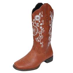 Fulidngzg Cowboy Boots Damen Ankle Westernstiefel 70er Jahre Motorrad Stiefel Boots Hippie mit Absatz Cowboystiefel Western Leder Reitstiefel Biker Weiter Schaft Braune Stiefeletten von Fulidngzg