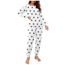 Fulidngzg Damen Schlafanzug, Lang Hausanzug Schlafanzug Zweiteiler Cute Freizeitanzug Lounge Set Große Größen Teenager Mädchen Nachtwäsche Pyjama Frottee Kuschelig Baumwolle Schlafhosen von Fulidngzg