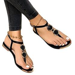 Fulidngzg Damen Zehentrenner Schwarz Gold Weiß Elegant Retro Leder Römersandalen Flach Bohemia Strand Schuhe Toe Flip Flops Freizeithose von Fulidngzg