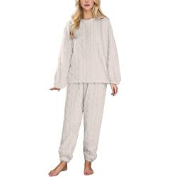 Fulidngzg Flanell Schlafanzug Damen, 2-Teilig Warmer Homewear Kuschelanzug Langarm Plüsch Kuschelschlafanzüge Hausanzug Winter Fleece Pyjama Set Schlafanzug Baumwolle Flauschig Zweiteiler Kuschelhose von Fulidngzg