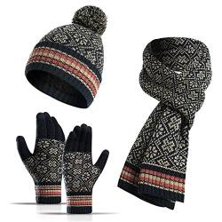 Fulidngzg Mütze Schal und Handschuh Set Damen mit Bommel Sportmütze Laufmütze Strickmütze Baumwolle Feinstrick Skimütze Thermomützen Wollmütze Innenfutter Fleece Mütze Beanie Mütze Wintermütze von Fulidngzg