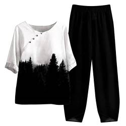 Fulidngzg Overall Damen Jogginganzug Freizeitanzug Sommer Casual Locker Leinenbluse Und Leinenhose Streetwear Loungewear Hosenanzug Sportlich Zweiteiler Jumpsuit Trainingsanzug Leinen Änzuge von Fulidngzg