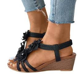 Fulidngzg Plateau Schuhe Damen Sommer, Schwarz mit Absatz Boho Offene Pantoletten Keilabsatz Espadrille Peeptoes Bequem Plateau Sandalen Sommersandaletten Elegant Keilabsatz Sandaletten Wedges von Fulidngzg