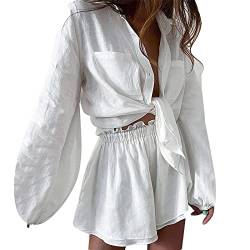 Fulidngzg Plissee Set Damen: Y2K Musselin Bluse Party Outfit Sport Outfit 2 Teiler Strand Crinkle Musselin Shorts Sommer Zweiteiler Kurz Elegant Bluse Oversize Oversize Shirt von Fulidngzg