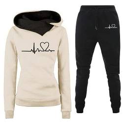 Fulidngzg Trainingsanzug Damen Set, Große Größen Heartbeat Print Hausanzug Sportanzug Elegant Fitness Gym 2 Teiler Jogginganzug 2023 Hoodie Basic Trainingsanzug Freizeit Baumwolle Streatwear von Fulidngzg