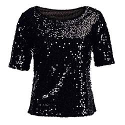 Glitzer Oberteile Damen Festlich Schwarz Gold Silber für Party Metallic Hemden Sparkle Shimmer Kurzarm Elegant Sexy Top Shirt Bluse T-Shirt von Fulidngzg