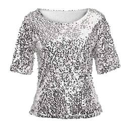 Glitzer Oberteile Damen Festlich Schwarz Gold Silber für Party Metallic Hemden Sparkle Shimmer Kurzarm Elegant Sexy Top Shirt Bluse T-Shirt von Fulidngzg