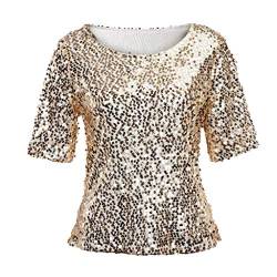 Glitzer Oberteile Damen Festlich Schwarz Gold Silber für Party Metallic Hemden Sparkle Shimmer Kurzarm Elegant Sexy Top Shirt Bluse T-Shirt von Fulidngzg