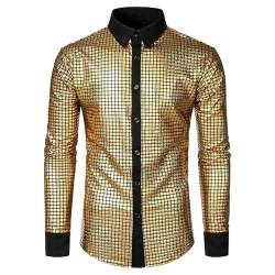 Glitzerhemd Herren: Mode Glitzer Hemd Pailletten Hemd Bunte Langarm Pailletten Oberteil Glitzerhemd Faschings Gold 70er 80er Jahre Outfit Disco Hemd Hippie Lustig Party Hemd von Fulidngzg