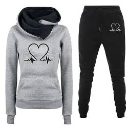 Heartbeat Jogginganzug Damen: Gym Heartbeat Print Sportanzug Hausanzug Herbst Winter Hoodie Baumwolle Trainingsanzug Jogginganzug Plissee 2023 Große Größen 2 Teiler Freizeit Fitness Zweiteiler von Fulidngzg