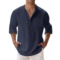 Hemd Herren Langarm mit Tasche Outdoor Henley Shirt Sommerhemd Boho Style mit Stehkragen Baumwollhemd Stehkragenhemd Leichtes Casual Shirt Freizeithemden Slim Fit Strand Longshirt von Fulidngzg