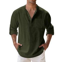 Hemd Herren Langarm mit Tasche Outdoor Henley Shirt Sommerhemd Boho Style mit Stehkragen Baumwollhemd Stehkragenhemd Leichtes Casual Shirt Freizeithemden Slim Fit Strand Longshirt von Fulidngzg