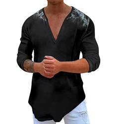 T-Shirt Herren Schwarz V-Ausschnitt Oversize Baumwolle Kurzarm Tops Oberteil mit Print Bluse Tshirt Sommer Shirt Lang Herrenmode Rundhals Basic T-Shirt Streetwear Slim Fit T Shirt Tee von Fulidngzg