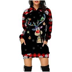 Weihnachtskleid Damen,Merry Christmas Hoodie Kleid Damen Weihnachtspullover Weihnachtskleider Pulloverkleid Rentier Print Kapuzenpullover Kleid Langes Weihnachts Pulli Kleid Weinachtspulli von Fulidngzg