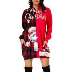 Weihnachtskleid Damen,Merry Christmas Hoodie Kleid Damen Weihnachtspullover Weihnachtskleider Pulloverkleid Rentier Print Kapuzenpullover Kleid Langes Weihnachts Pulli Kleid Weinachtspulli von Fulidngzg