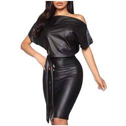 FunAloe Damen Sexy Lederkleid Kleider Damen Sommerkleid Fledermaus Kurzarm Kleid mit Gürtel Kurzarm Langeshirt Kleid Damen Business-Kleid für Damen Minikleid Lose Ärmeln Partykleid Damen Kleid von FunAloe