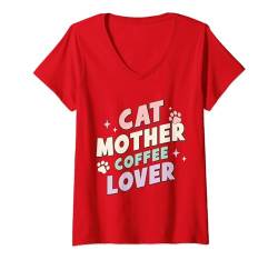 Damen Katzen Mutter und Kaffee Liebhaber T-Shirt mit V-Ausschnitt von FunShirtDealer