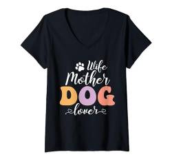 Damen Retro Hunde Mama | Ehefrau Mutter und Hundeliebhaberin T-Shirt mit V-Ausschnitt von FunShirtDealer