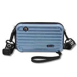 FuninCrea Damen Handy Umhängetasche, PVC Damen Handytasche zum Umhängen, Mini-Koffer-geformt wasserabweisend Umhängetasche mit Schulter und Handgelenkriemen, tragbare Klein Handytasche (Blau) von FuninCrea