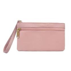 FuninCrea Geldbörse Damen Leder Münzbeutel, Portemonnaie Damen Gross 2 Reißverschluss-Taschen Geldbeutel Damen Große Kapazität Portmonee Damen Bauchtasche Damen Groß mit Handschlaufe (Rosa) von FuninCrea