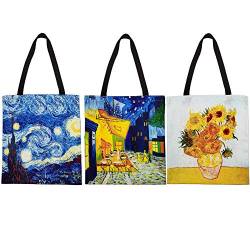 FunisFun 3 Stück Leinen-Tragetasche, wiederverwendbare Einkaufstasche, große Damen-Schultertasche, Handtasche, 3 Designs, 33 x 35 cm, Van Gogh Gemälde, 13 X 14 Inch von FunisFun
