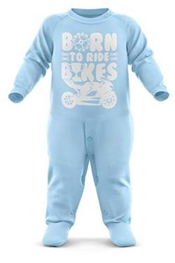 FunkyShirt Baby-Strampler mit Aufschrift "Born to Ride Bikes", Motorrad-Strampler für das erste Geburtstag, Geschenk für Neugeborene Gr. 6-12 Monate, hellblau von FunkyShirt