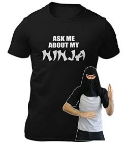 Geschenk für Männer – Ask Me About My Ninja Disguise Flip Ninja Face T-Shirt – Lustiges Jungen T-Shirt, Schwarz , L von FunkyShirt