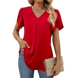 Funlingo Damen 2023 Sommer Dressy Chiffon Blusen Hemd V Ausschnitt Blütenblatt Kurzarm Tunika Tops Casual T-Shirts, Rot/Ausflug, einfarbig (Getaway Solids), X-Groß von Funlingo