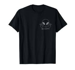 Be Happy Minimalistisches Alien-Gesicht mit Taschenlogo Peace Hand Alien T-Shirt von Funny Alien Smile Face Peace Sign Tees