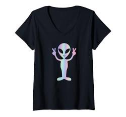 Damen Lustiges Alien-Shirt mit Friedenszeichen und lächelndem Gesicht, Rave-Musik, trippig T-Shirt mit V-Ausschnitt von Funny Alien Smile Face Peace Sign Tees