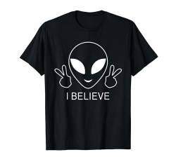 I Believe Happy Alien Lustiges Peace Handschild Cool Alien Head T-Shirt von Funny Alien Smile Face Peace Sign Tees