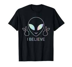 I Believe Rainbow Happy Alien Peace Handzeichen niedliches lustiges T-Shirt T-Shirt von Funny Alien Smile Face Peace Sign Tees