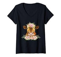 Damen Hübsche Kuh mit Blumen Hippie Landwirtin Bäuerin Geschenk T-Shirt mit V-Ausschnitt von Funny Cow Lover Designs